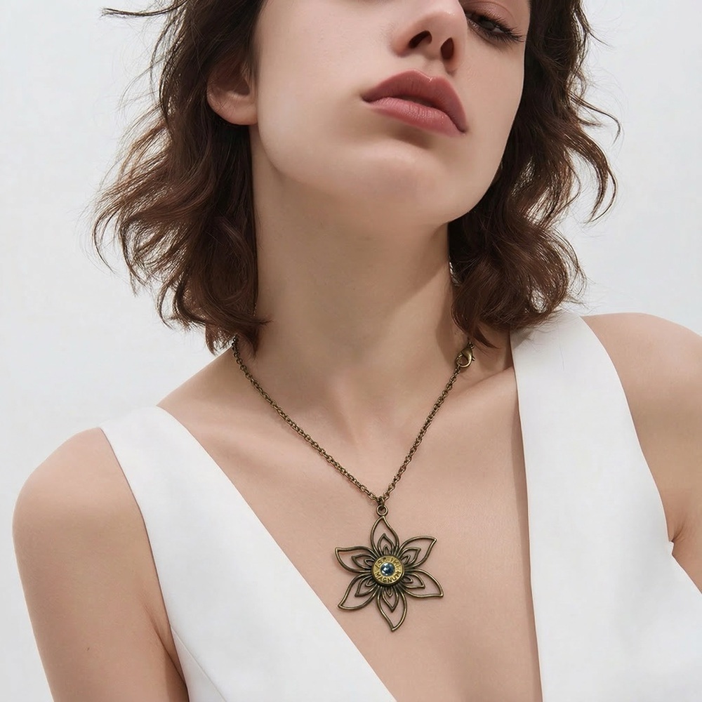 Handcrafted Antique Brass Floral Pendant Necklace with Blue Accent